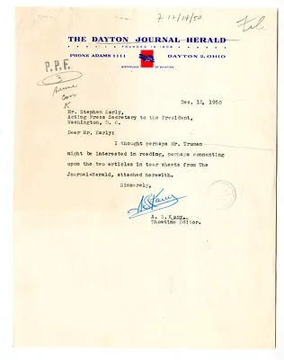 Letter from A. S. Kany to Stephen Early with Attached Newspaper Clippings