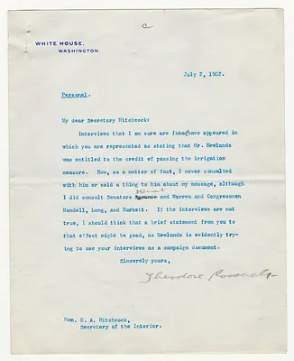 Letter from President Theodore Roosevelt to Secretary of the Interior E. A. Hitchcock