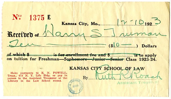 Receipt for Kansas City School of Law Tuition for Harry S. Truman
