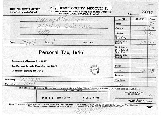Bill for Personal Property Tax, Jackson County, Missouri for Harry S. Truman