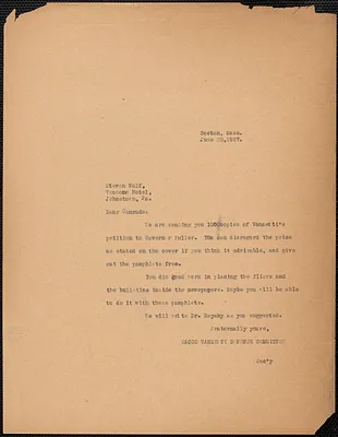 Sacco-Vanzetti Defense Committee typed letter (copy) to Steven Wolf, Boston, Mass., June 21, 1927
