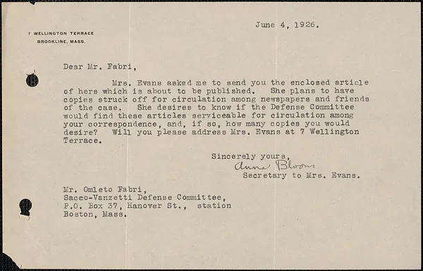[Anna] Bloom typed note signed to [Amleto Fabbri], Brookline, Mass., June 4, 1926