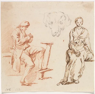 Sheet of Studies: Seated Man, Head of a Dog, Seated Woman