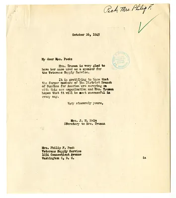 Letter from Mrs. Philip Peck to Bess W. Truman with a Reply from Edith Helm