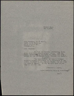 Sacco-Vanzetti Defense Committee typed note (copy) to Rose Karsner (International Labor Defense), Boston, Mass., May 3, 1927