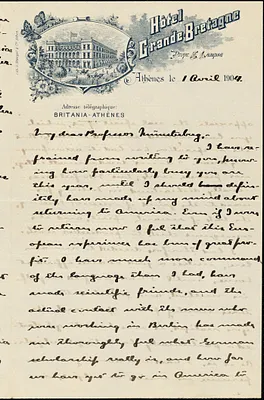 Angier, Roswell Parker, 1874-1946 autograph letter signed to Hugo Münsterberg, Athens, 01 April 1904