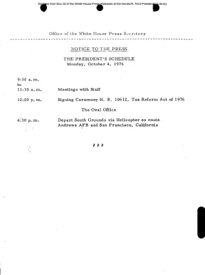 President's Schedule, Monday, October 4, 1976
