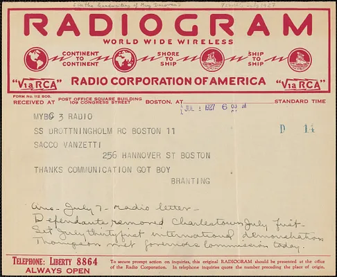 Georg Branting telegram to Sacco-Vanzetti Defense Committee, Drottningholm, July 1, 1927
