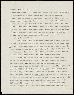 James, William, 1842-1910 typed letter signed to Hugo Münsterberg, Florence, Italy, 13 April 1893