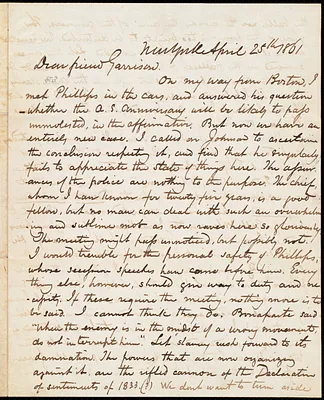 Letter from James Sloan Gibbons, New York, to William Lloyd Garrison, April 25th, 1861