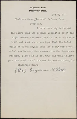 Georgiana M. Root typed note signed to Sacco-Vanzetti Defense Committee, Somerville, Mass., December 8, 1927