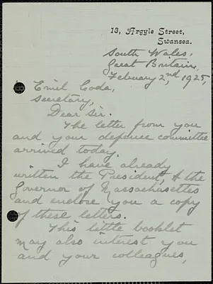 Frederich C. Potter autograph letter signed to Emilio Coda, South Wales, Great Britain, February 2, 1925