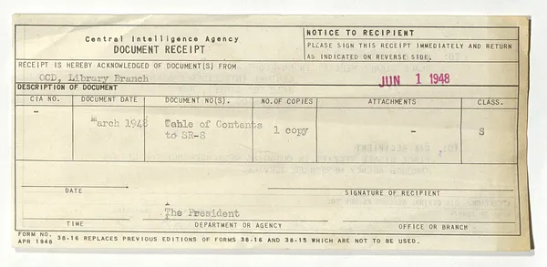 Document Receipt, Central Intelligence Agency