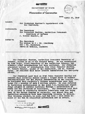 Memorandum of Conversation with Secretary of State Dean Acheson and Sir Frederic Shedden, and J. Harold Shullaw