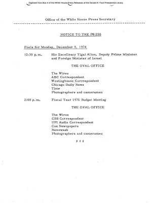 Press Pools For Monday, December 9, 1974 [Pool Assignments]