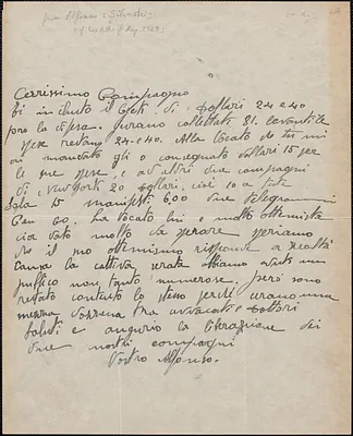 Alfonso [Silvestri] autograph letter signed, in Italian, to [Sacco-Vanzetti Defense Committee?, 1920-1927]
