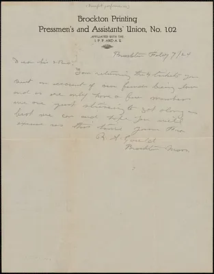 R. A. Gould (Brockton Printing Pressmen's and Assistants' Union, No. 102 ) autograph note signed to Sacco-Vanzetti Defense Committee, Brockton, Mass., February 7, 1924