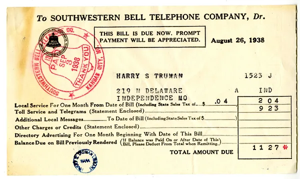 Bill from Southwestern Bell Telephone Company to Harry S. Truman