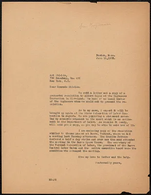 Mary Donovan typed letter (copy) to Art Shields (The Federated Press), Boston, Mass., June 18, 1927