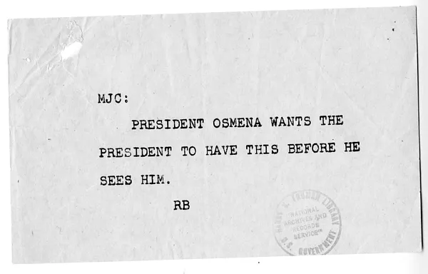 Letter from President of the Philippines Sergio Osmena to President Harry S. Truman, with Attachment