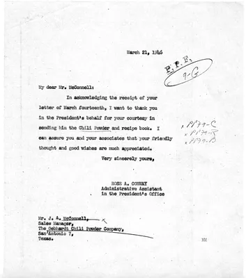 Letter from J. A. McConnell to President Harry S. Truman with Internal Notes and a Reply from Rose Conway