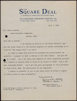 Leonard D. Abbott (The Square Deal) typed letter signed to Amleto Fabbri, New York, N. Y., July 7, 1926