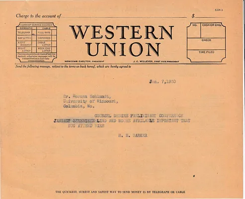 Telegram to Dr. Herman Schlundt, January 7, 1930