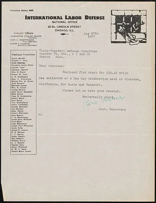 Rose Karsner (International Labor Defense) typed note signed to Sacco-Vanzetti Defense Committee, Chicago, Ill., May 27, 1927