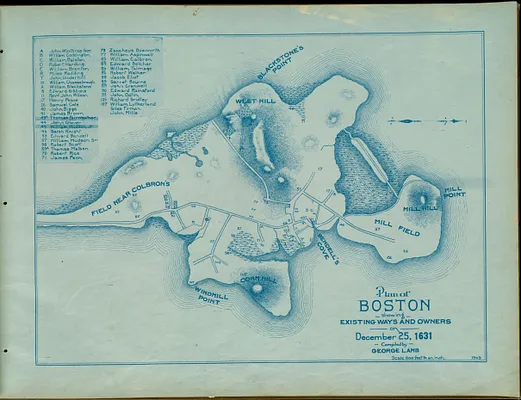 Plan of Boston showing existing ways and owners on December 25, 1631
