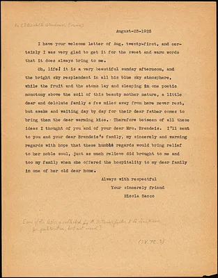 Nicola Sacco typed letter (copy) Elizabeth Glendower Evans, [Dedham], 23 August 1925