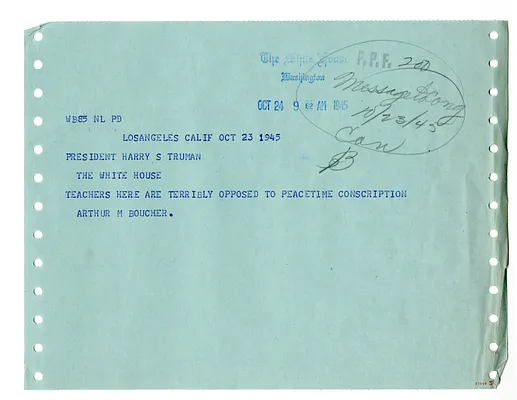 Telegram from Arthur Boucher to President Harry S. Truman