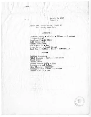 Menus for President Harry S. Truman's  Visit to Key West, Florida