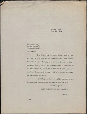 Joseph Moro (Sacco-Vanzetti Defense Committee) typed letter (copy) to Edna Robinson, Boston, Mass., October 10, 1927