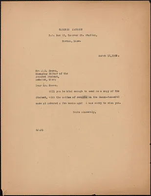 Gardner Jackson typed note to J. E. Reeve (The Amherst Student), Boston, Mass., March 12, 1929