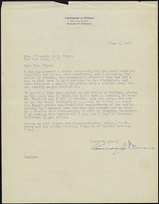 Vernon J. Rose typed letter signed to Elizabeth Gurley Flynn, Kansas City, Mo., June 4, 1921