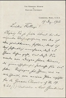 Francke, Kuno, 1855-1930 autograph letter signed to Hugo Münsterberg, Cambridge, Mass., 19 December 1912