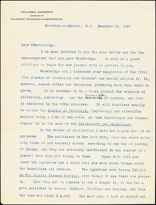 Cattell, James McKeen, 1860-1944 typed letter signed to Hugo Münsterberg, Garrison-on-Hudson, 19 December 1903