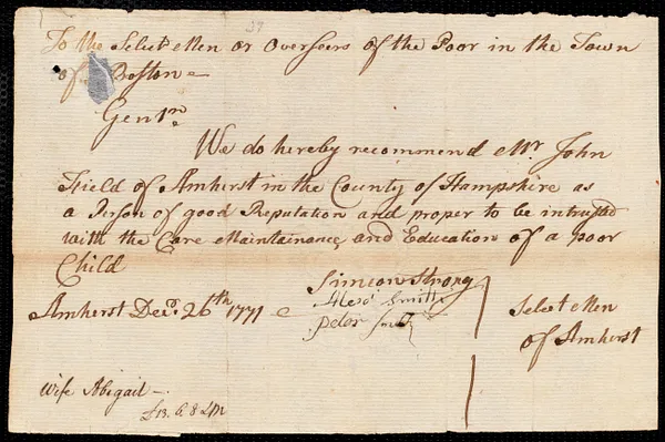 Samuel Prince indentured to apprentice with John Field of Amherst, 22 January 1772