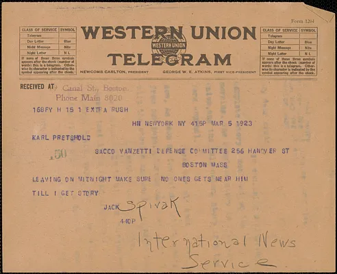 John L. (Jack) Spivak, (International News Service) telegram to Karl Pretshold, New York, N.Y., March 5, 1923