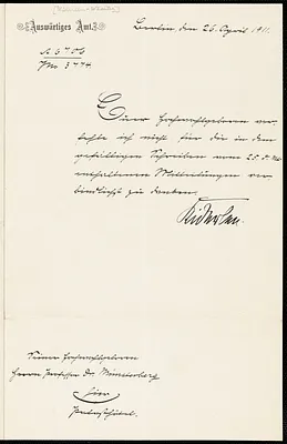 Kiderlen-Wächter, Alfred von, 1852-1912 manuscript letter signed to Hugo Münsterberg, Berlin, 26 April 1911