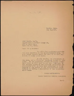 Sacco-Vanzetti Defense Committee typed letter (copy) to John Kobi (Blacksmith and Helpers Local 23), Boston, Mass., May 31, 1927