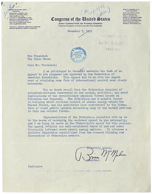 Letter from Senator Brien McMahon to President Harry S. Truman