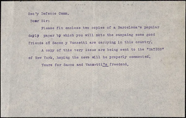 Typed note to Sacco-Vanzetti Defense Committee, [Barcelona, Spain?, 1920-1927]