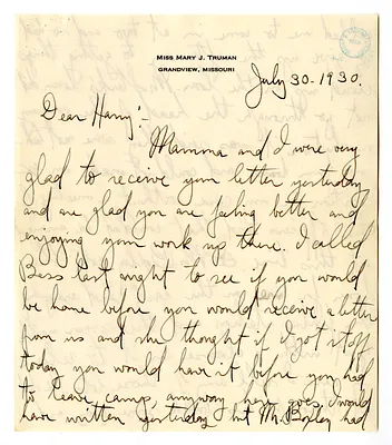 Letter from Mary Jane Truman to Harry S. Truman