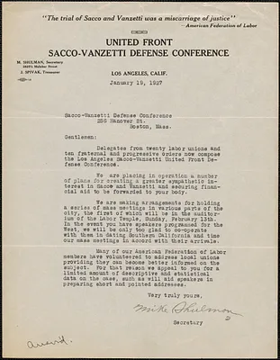 Mike Shulman (United Front Sacco-Vanzetti Defense Conference) typed letter signed to Saccoo Vanzetti Defense Committee, Los Angeles, Calif., January 19, 1927