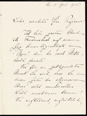 Müller, Margarethe, 1862-19-- autograph letter signed to Hugo Münsterberg, [Wellesley, Mass.], 11 April 1915