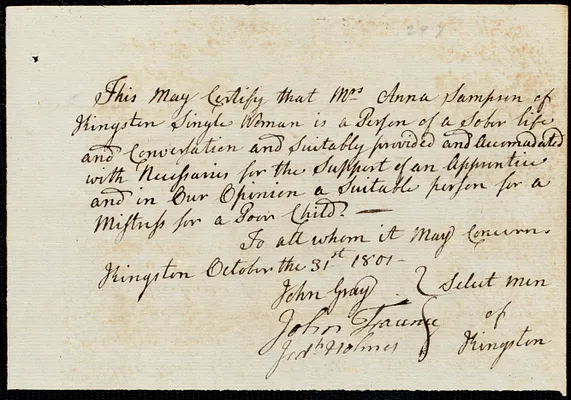 Eloner Holley indentured to apprentice with Anna Sampson of Kingston, 4 November 1801