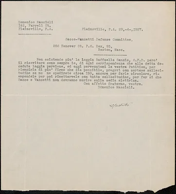 Domenico Mascioli typed note, in Italian, to Sacco-Vanzetti Defense Committee, Plainsville, Pa., April 29, 1927