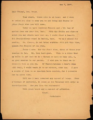 Bartolomeo Vanzetti typed letter (copy) to Elizabeth Glendower Evans, [Dedham], 7 May 1927