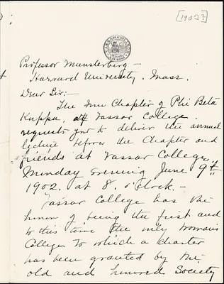 Ely, A. M., fl.1902 autograph letter signed to Hugo Münsterberg, Poughkeepsie, N.Y., 1902?